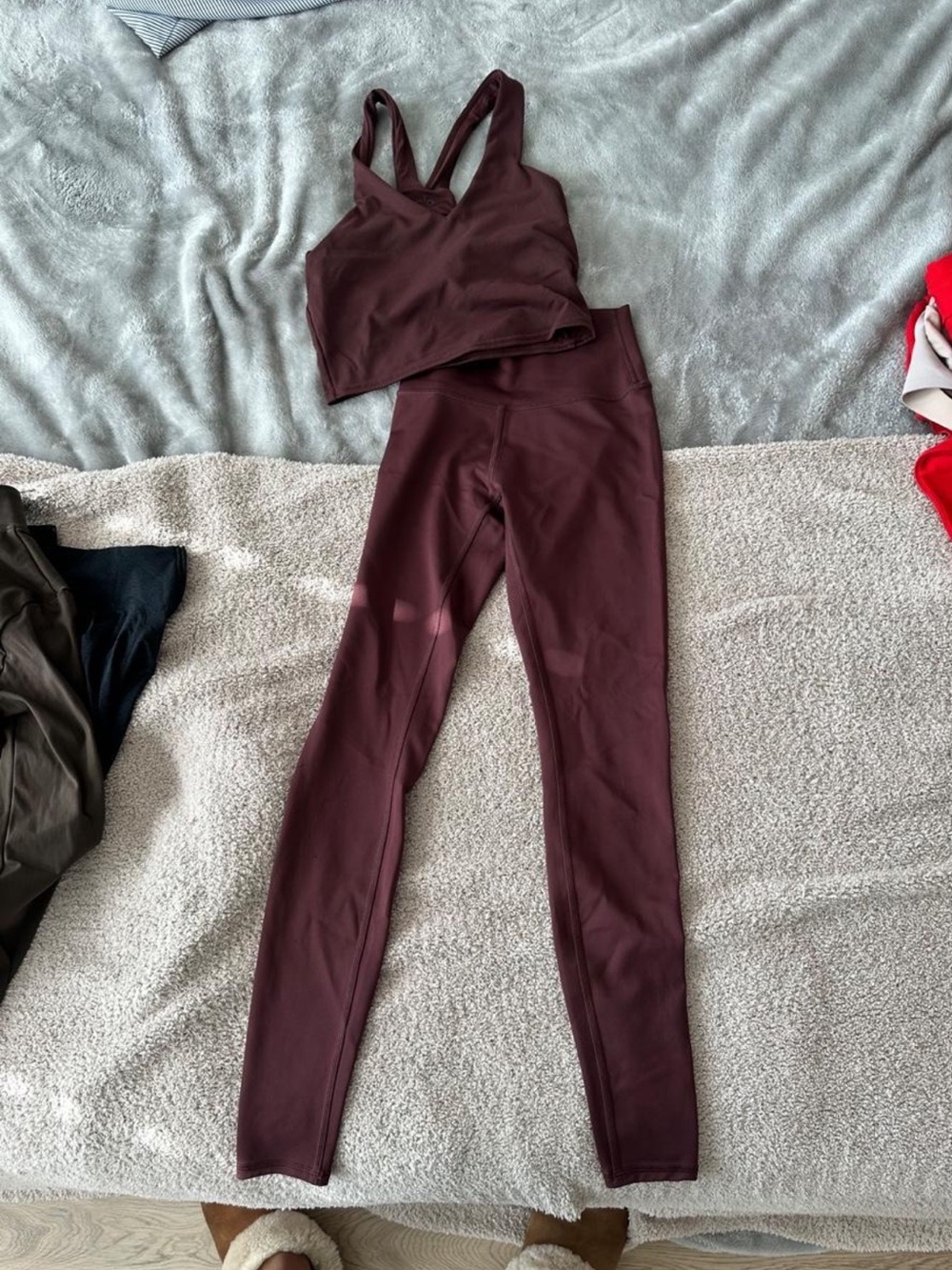 ALO Yoga Burgundy High-Waist Leggings and Strappy Sports Bra Set